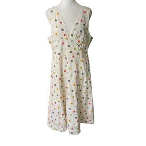 Garnet Hill Womens 14 A-line Dress Polka Dot White Print Vneck Cotton Flowy